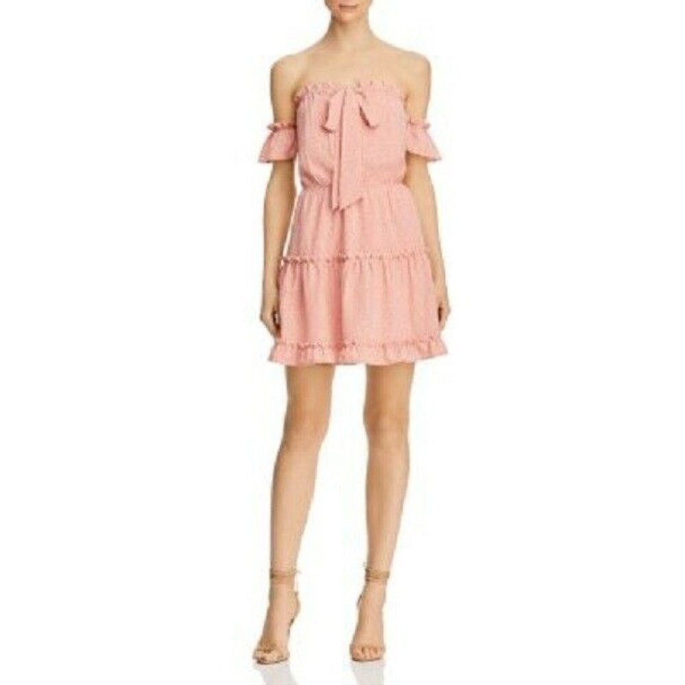 NEW Sage The Label Off Shoulder‎ Mini Dress L Pink Polka Dot Ruffle Tiered Boho